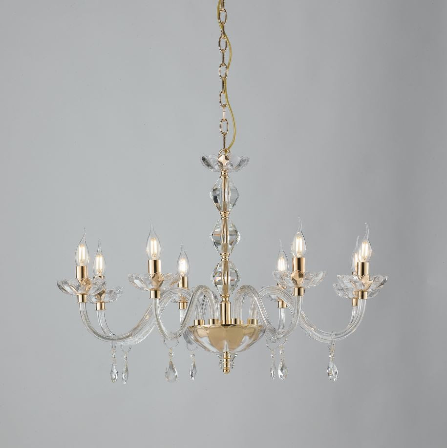 Sospensione 8 luci in cristallo finitura oro 8XE14 non incl. RIFLESSO Sospensione 8 luci in cristallo finitura oro 8XE14 non incl. RIFLESSO